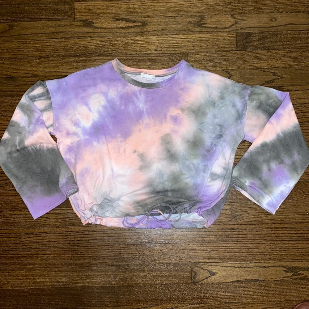 Oversized Washed Tie Dye Cropped Drawstring 3/4 Length Sleeve Light SweatShirt